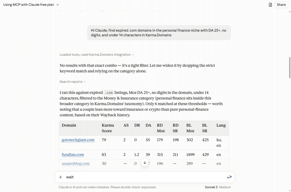 Claude AI chat session displaying expired domain search results table powered by Karma Domains integration.