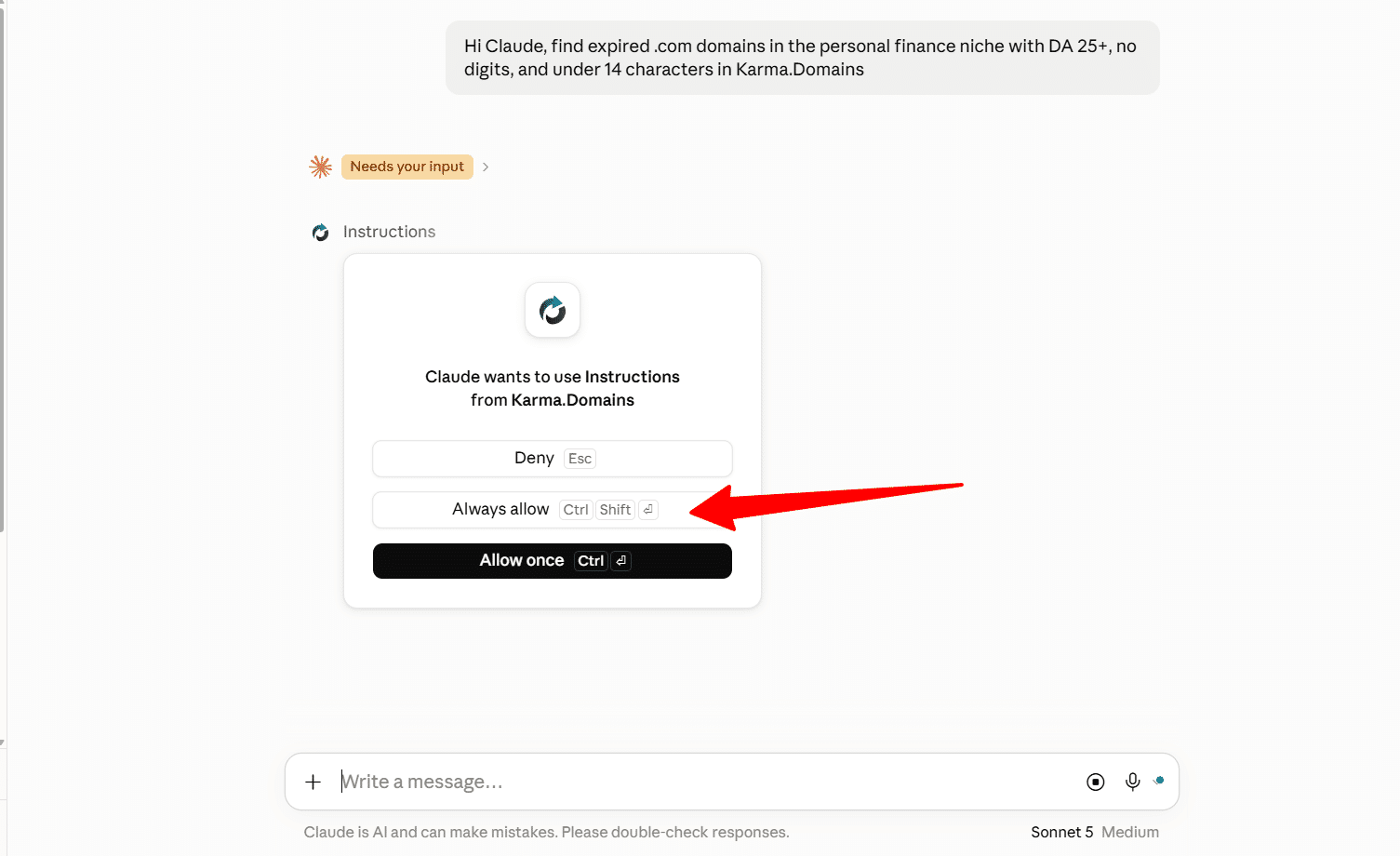 Claude AI chat prompt requesting permission to use Karma Domains instructions with always allow button highlighted.