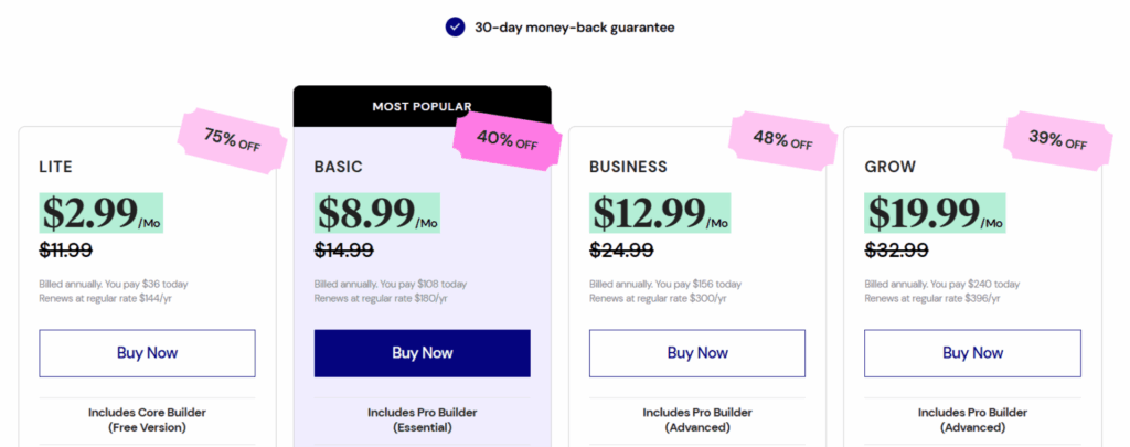 elementor hosting black friday deals pricing plans Elementor Hosting Black Friday pricing table showing Lite Basic Business and Grow plans with discount tags.