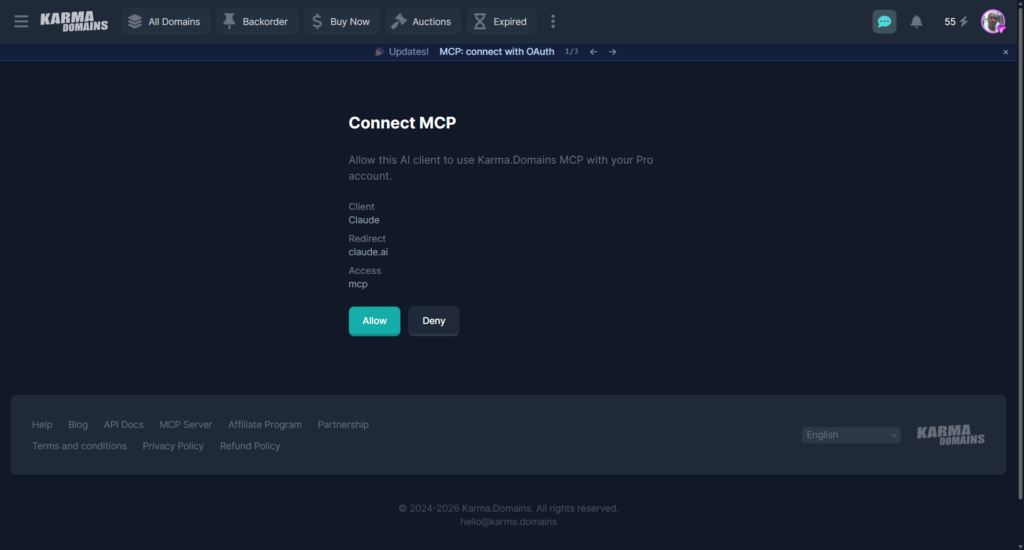 Karma Domains connect MCP authorization screen requesting OAuth permissions for Claude AI client.