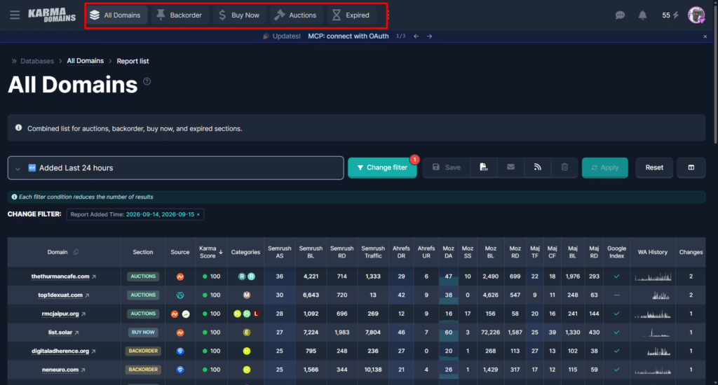 Karma Domains database report showing all domains table with Semrush Ahrefs and Moz SEO metrics.