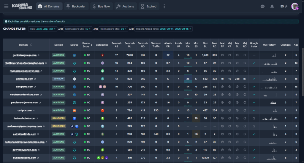 Karma Domains filtered results table displaying domain names with high KarmaScore and active TLD filters.