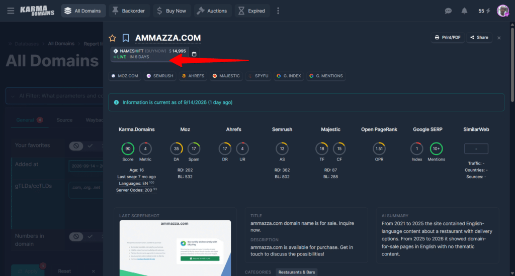Karma Domains domain details panel highlighting auction status and marketplace listing information.
