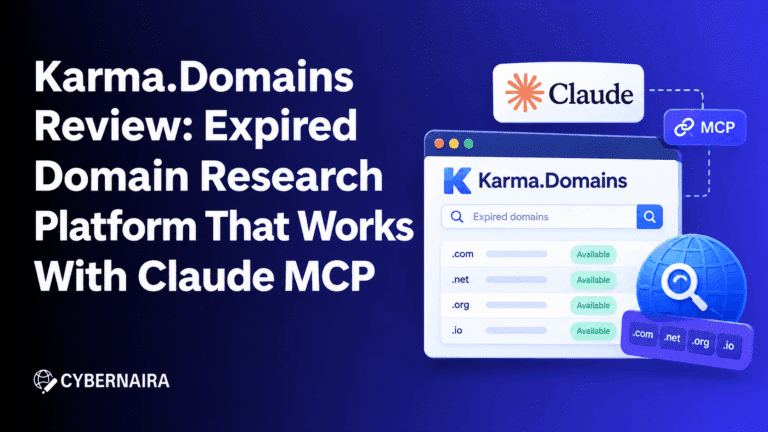 Karma Domains review featured banner displaying expired domain research platform integration with Claude MCP.