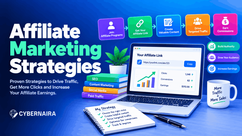 proven affiliate marketing strategies to drive traffic and increase earnings Affiliate marketing strategies dashboard on laptop screen with step by step workflow blocks, books, and strategy notepad.