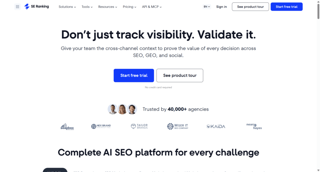 se ranking ai seo platform homepage overview SE Ranking AI SEO platform homepage highlighting cross channel visibility validation features.