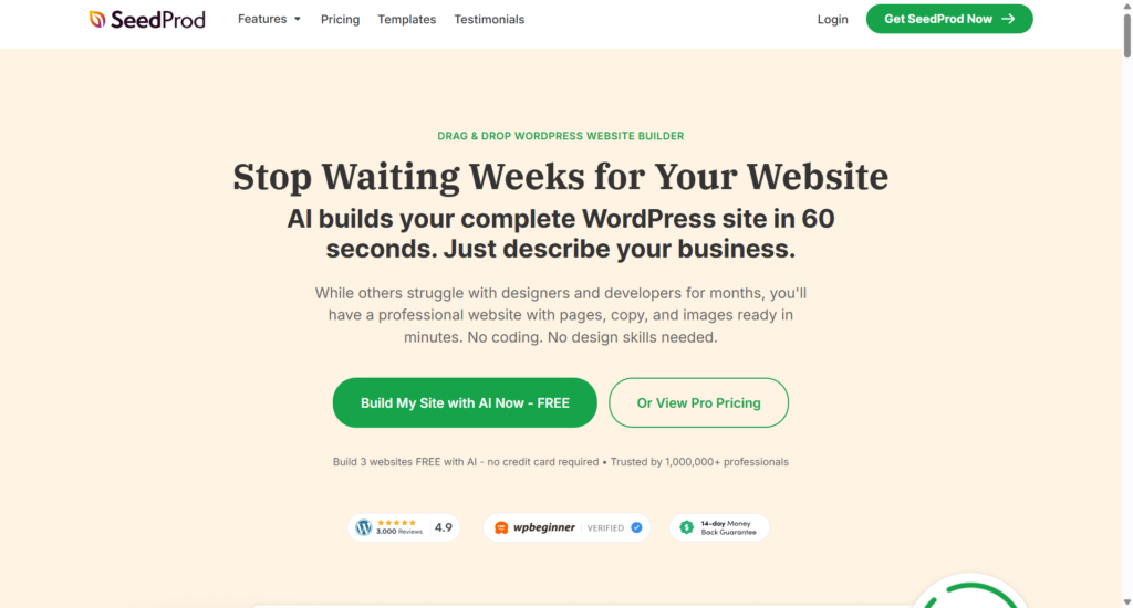 seedprod drag and drop wordpress website builder homepage SeedProd drag and drop WordPress website builder homepage showcasing AI site builder features.