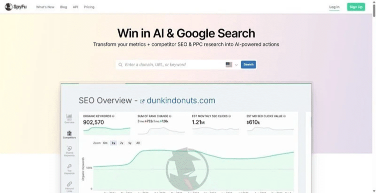 spyfu seo overview competitor analysis dashboard SpyFu homepage interface displaying SEO overview domain metrics and search bar.