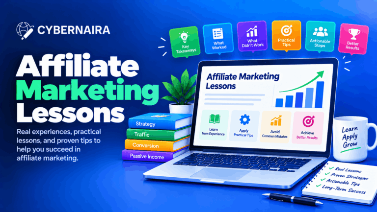 CyberNaira graphic for affiliate marketing lessons featuring a laptop displaying practical tips, colored books, category icons, and an evaluation notepad.