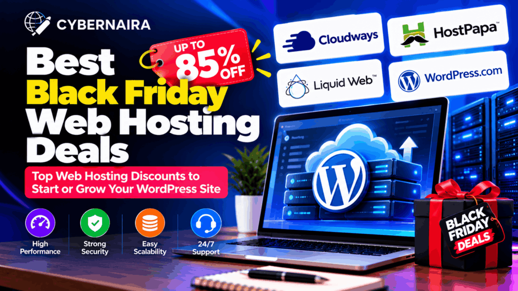 best black friday web hosting deals top discounts Laptop displaying WordPress hosting graphics alongside web host logos and up to 85 percent off discount tag.