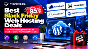Laptop displaying WordPress hosting graphics alongside web host logos and up to 85 percent off discount tag.