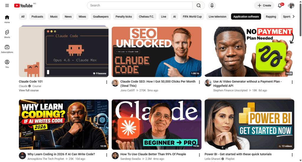 code and ai programming youtube tutorials for developers YouTube homepage screenshot showcasing video tutorials on Claude code, SEO, and AI programming workflows.