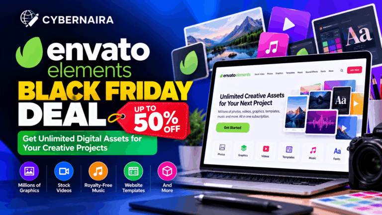 Laptop displaying Envato Elements homepage next to up to 50 percent off discount tag and asset category icons.