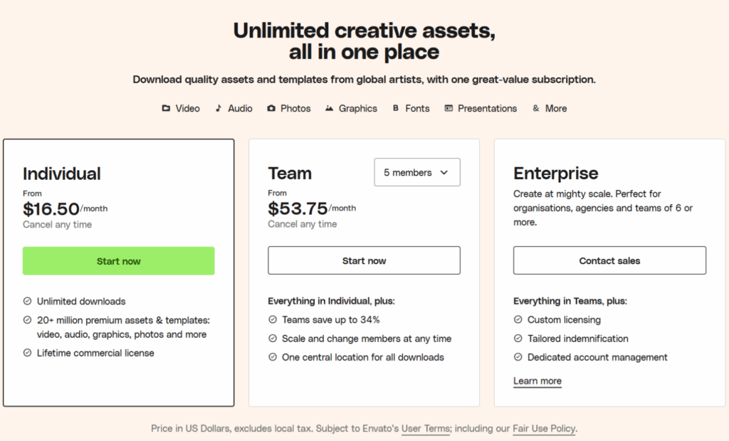 envato elements pricing plans Envato Elements pricing plans showing Individual Team and Enterprise subscription options.