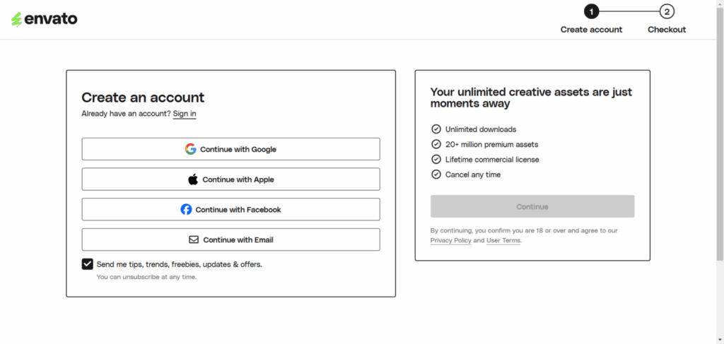 envato elements sign up page create an account Envato Elements account sign up page showing registration options and subscription benefits.