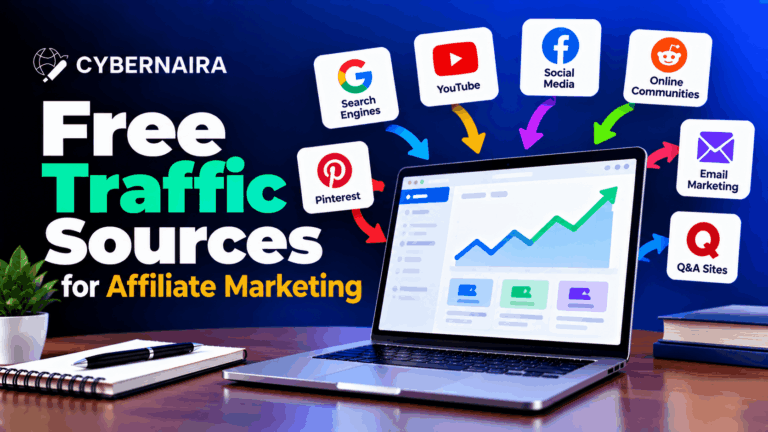 Laptop displaying website traffic growth dashboard surrounded by social media, search engine, and email marketing icons.