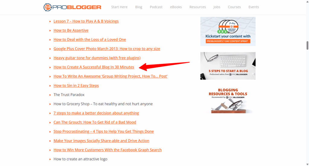 ProBlogger blog directory listing showing article titles with red arrow pointing to how to create a successful blog in 30 minutes.