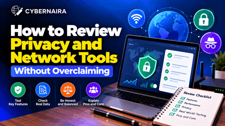 Cybernaira featured image showing how to review privacy and network tools, with a laptop displaying security checks, a digital globe, privacy icons, and a review checklist.