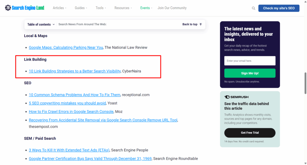 Search Engine Land webpage highlighting link building guide for better search visibility by CyberNaira Blog.