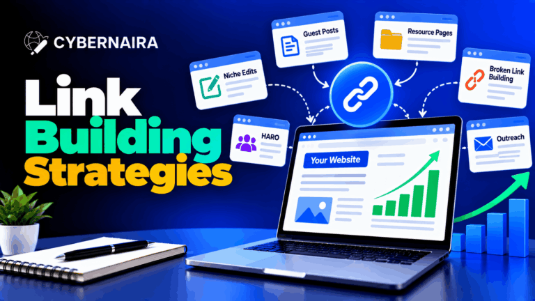 Laptop displaying website traffic growth dashboard surrounded by link building strategy icons including guest posts, niche edits, and HARO.