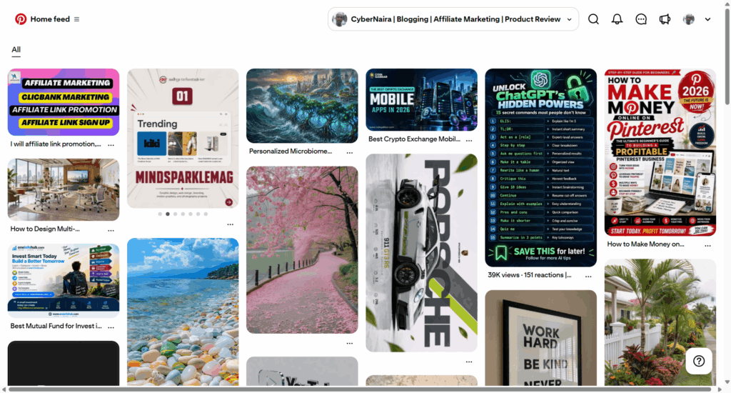 pinterest marketing for bloggers how to drive traffic Pinterest home feed showing content cards on AI prompts, website building, and mobile app design.