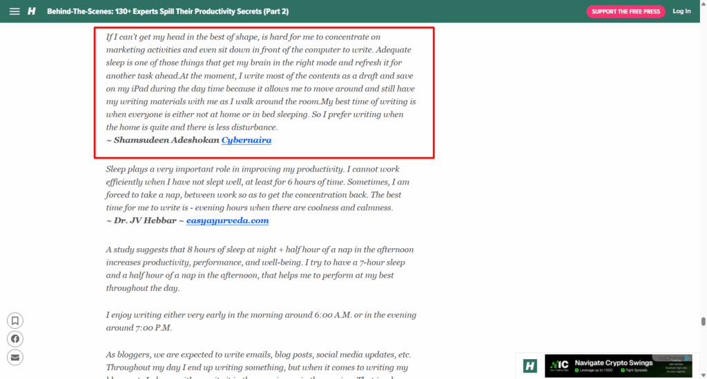 HuffPost article expert productivity secrets featuring quote by Shamsudeen Adeshokan.