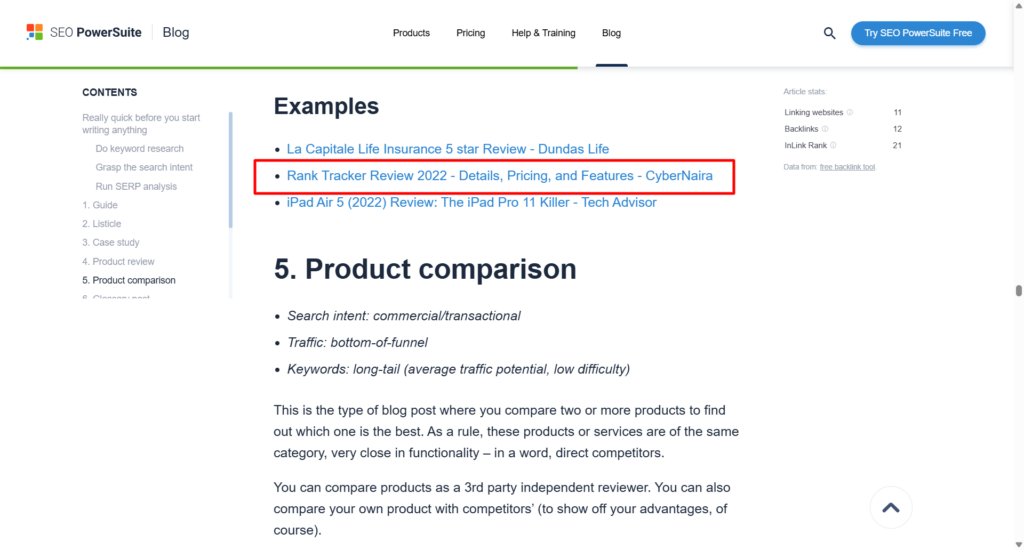 SEO PowerSuite blog page showing product comparison template example with product review listings.